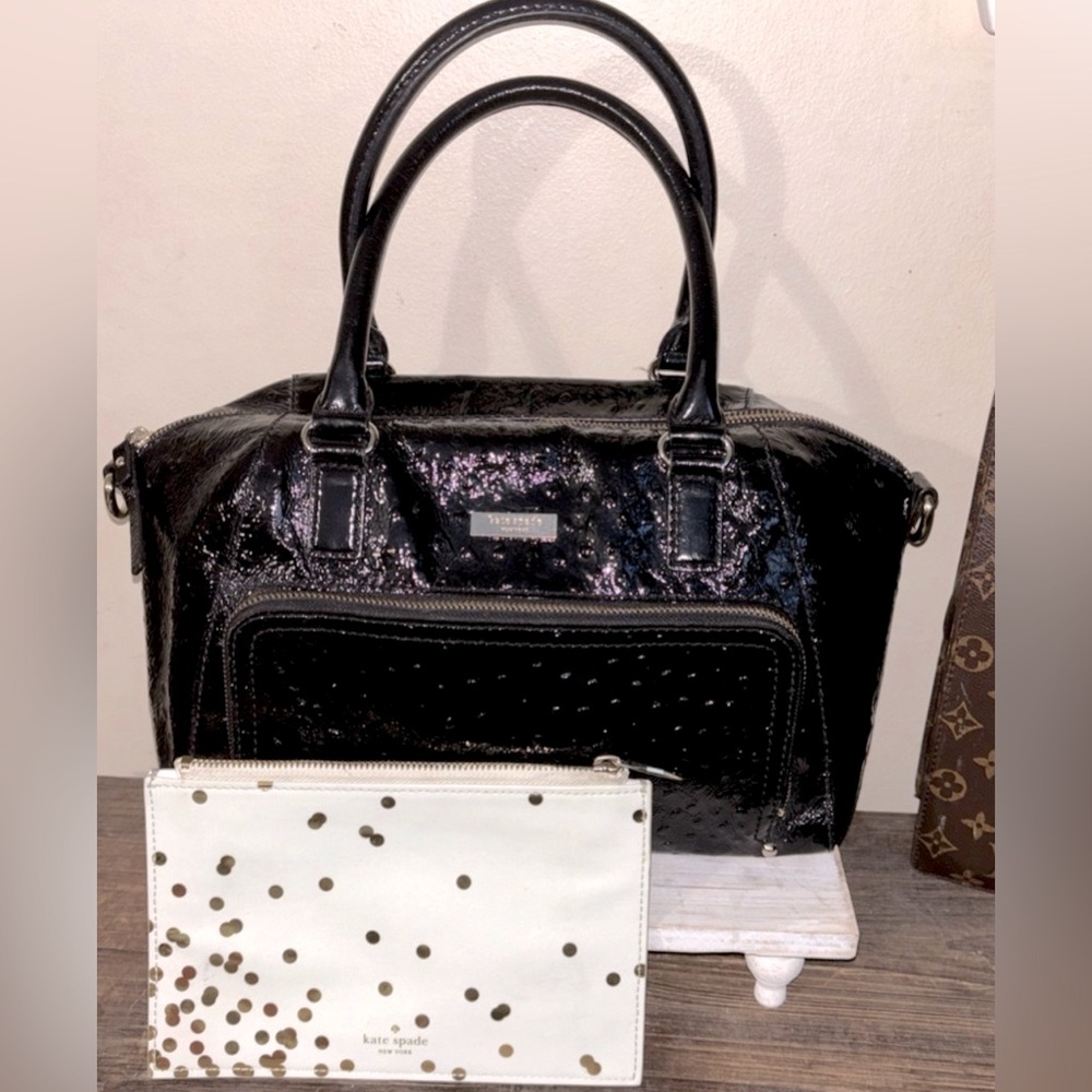 Black Ostrich embossed Patent leather kate spade satchel and envelope wristlet